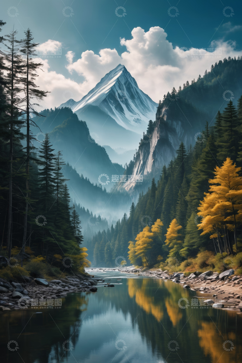 高清大图下载【趣麦麦图】山林间河流与远处雪山风景