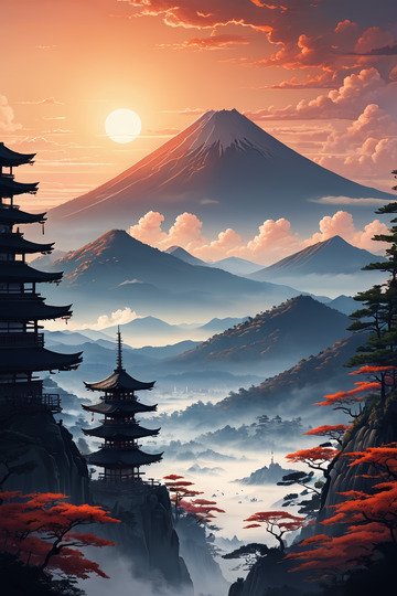富士山与日式建筑山水景观