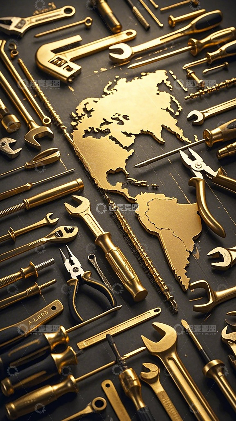 高清大图下载【趣麦麦图】金色工具世界地图创意摄影