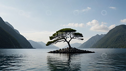 湖心孤树山水自然风光