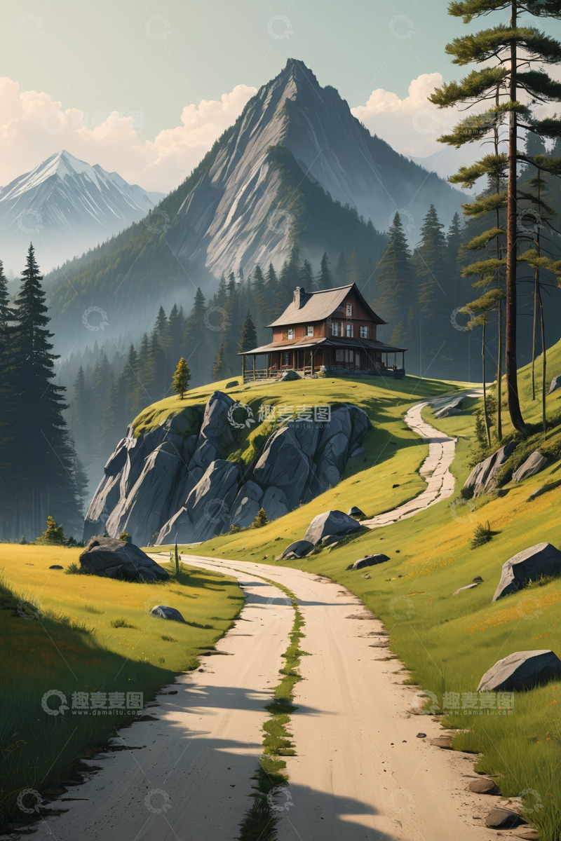 高清大图下载【趣麦麦图】山间小屋与蜿蜒小路风景