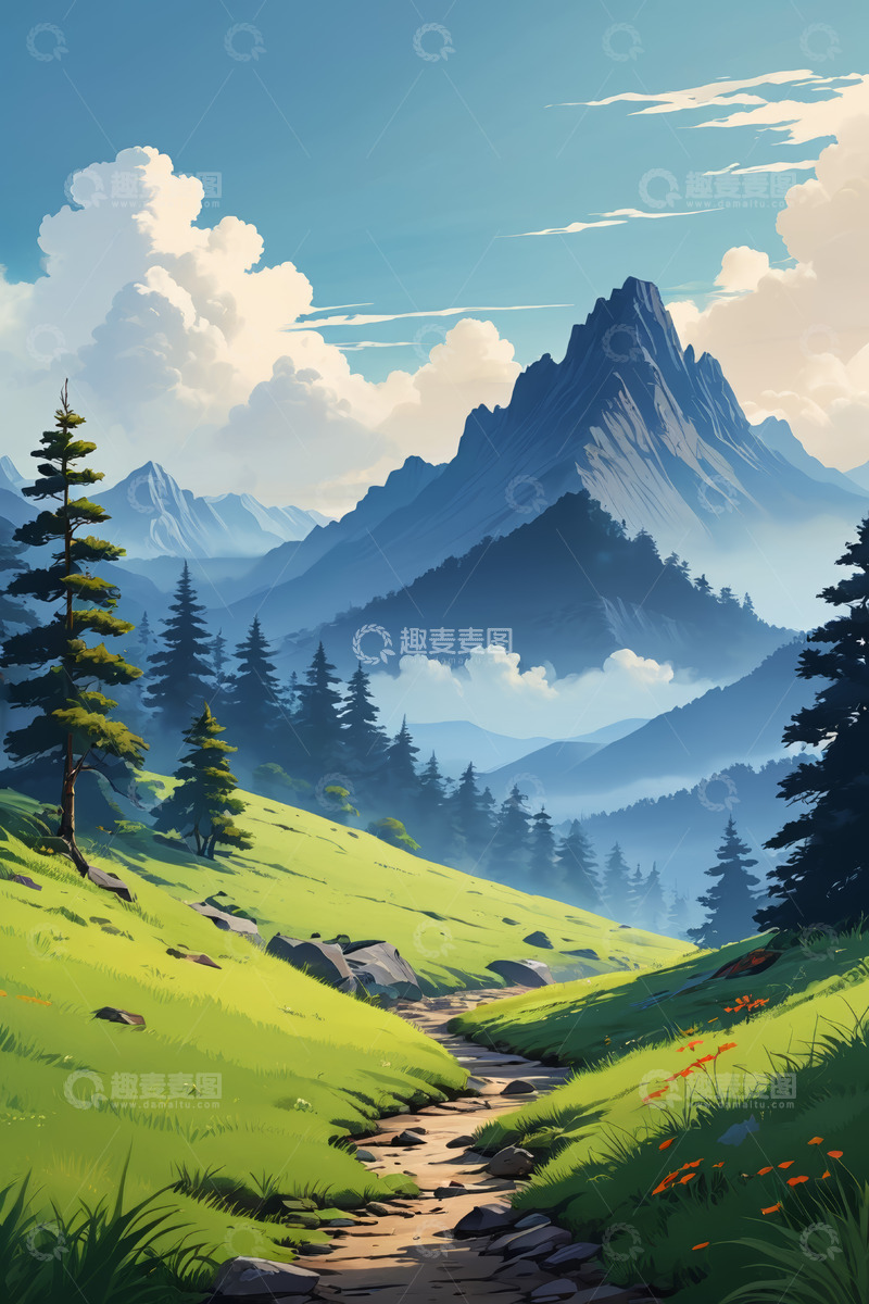 高清大图下载【趣麦麦图】山间草地与远处山脉风景