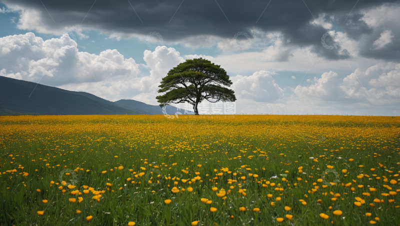 高清大图下载【趣麦麦图】草原花海中的独立树木