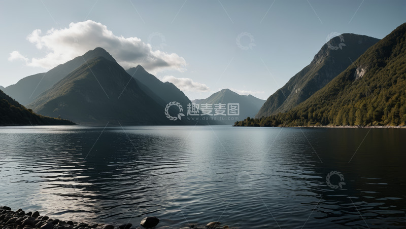 高清大图下载【趣麦麦图】宁静湖泊与远处山峦风景