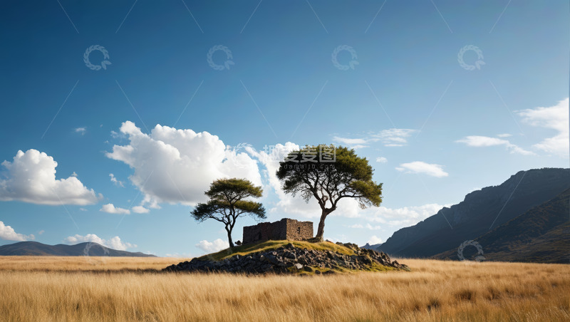 高清大图下载【趣麦麦图】草原上的石屋与树木景观
