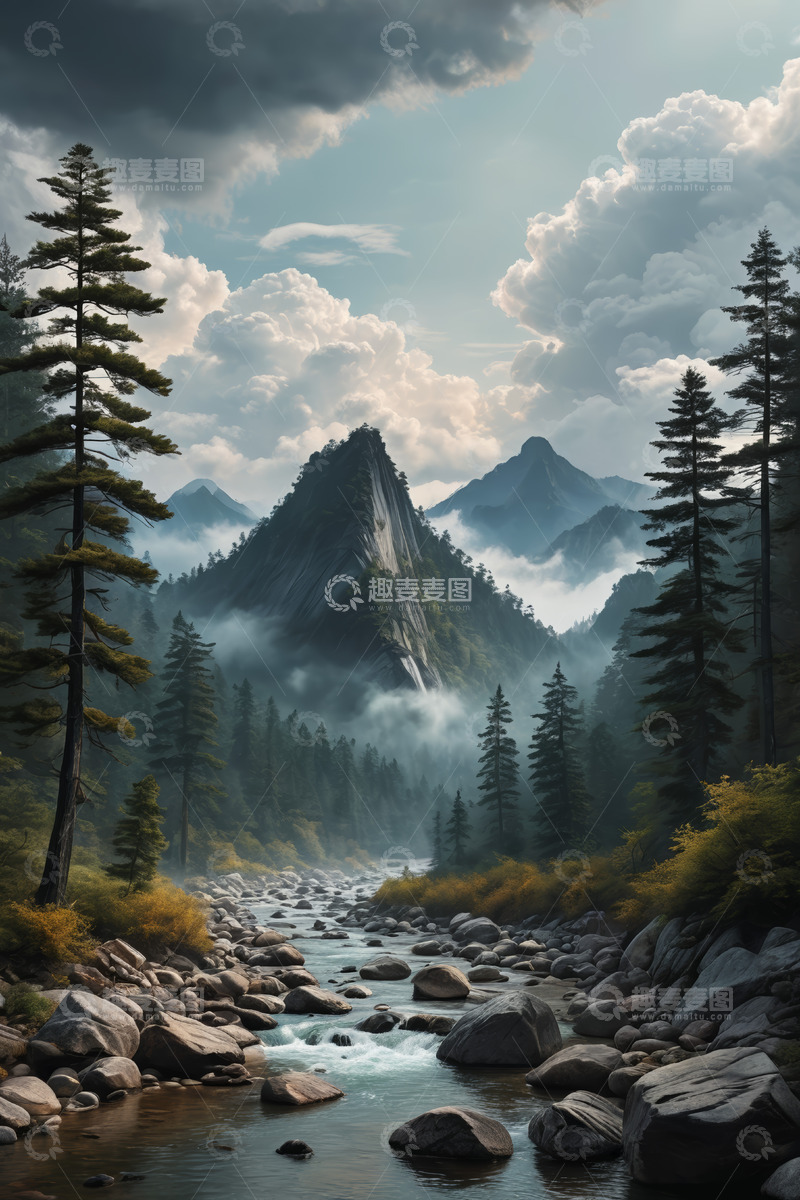 高清大图下载【趣麦麦图】山林间河流与云雾自然风光
