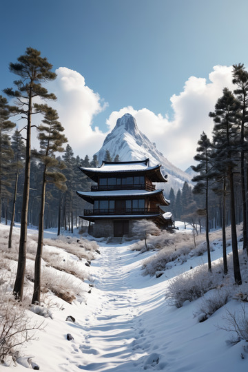 雪山下中式古建雪景