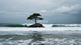 海中孤树与翻滚海浪景象