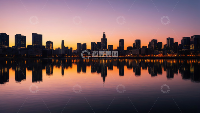 高清大图下载【趣麦麦图】城市河畔日落时的摩天大楼景观