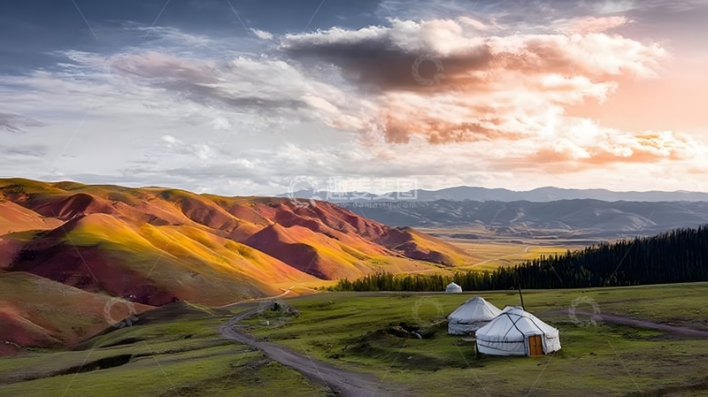 高清大图下载【趣麦麦图】草原日落蒙古包风光摄影图片