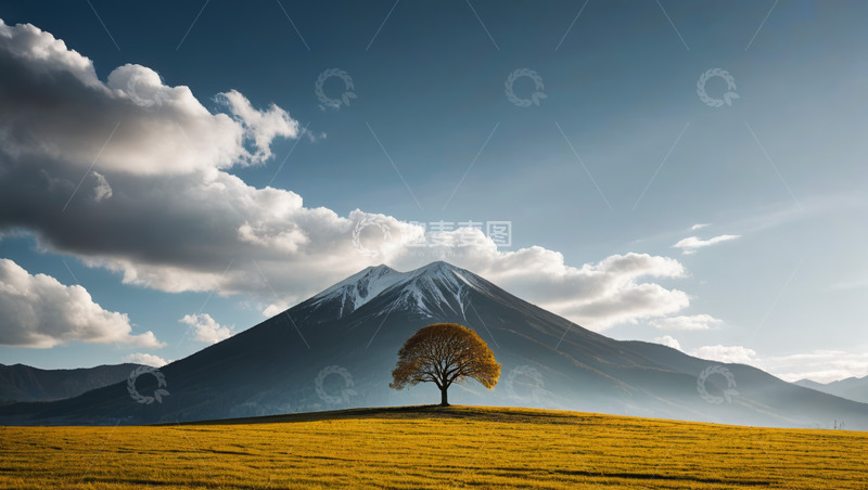 高清大图下载【趣麦麦图】草原孤树与远处雪山风光