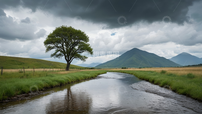 高清大图下载【趣麦麦图】草原河流旁的孤树风景