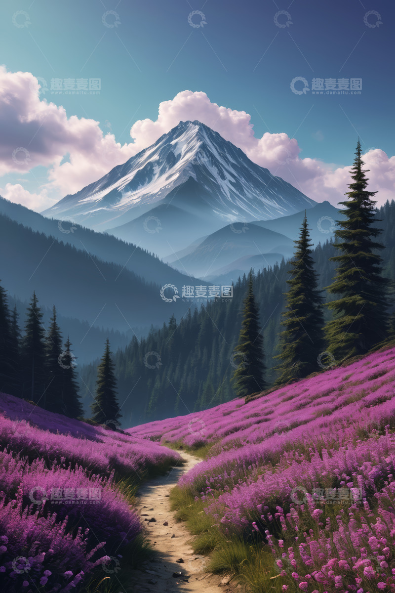 高清大图下载【趣麦麦图】山间紫色花田与雪山风景