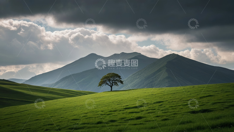 高清大图下载【趣麦麦图】绿色山丘上的孤树