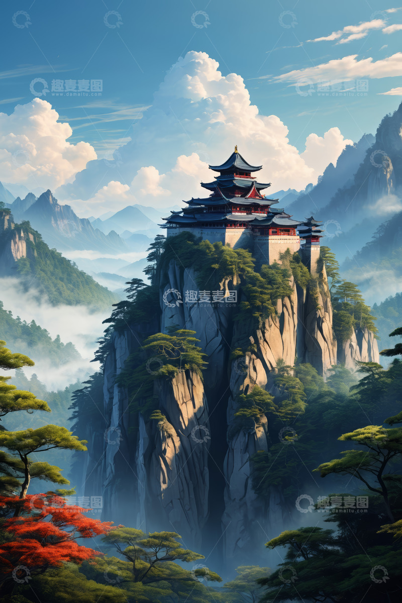 高清大图下载【趣麦麦图】山峰上的中式古建筑景观