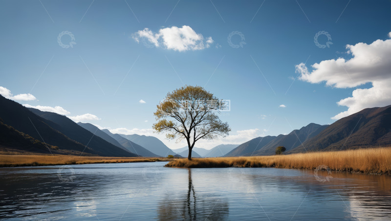 高清大图下载【趣麦麦图】湖畔孤树与远山风景