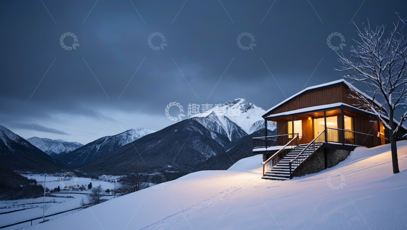 高清大图下载【趣麦麦图】雪中山间木屋夜景