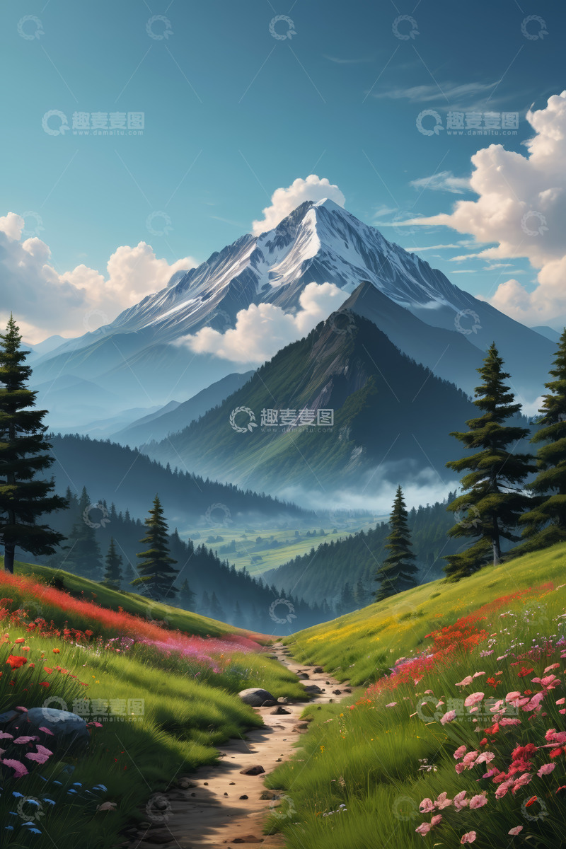 高清大图下载【趣麦麦图】山间小径旁繁花与雪山景观