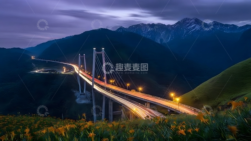 高清大图下载【趣麦麦图】夜桥雪山风光摄影