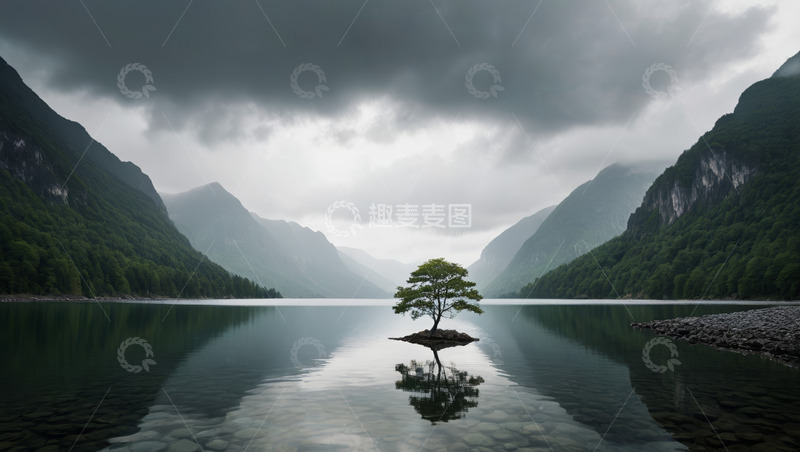 高清大图下载【趣麦麦图】湖中小树与山水自然景观