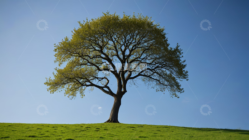 高清大图下载【趣麦麦图】草地上的孤树蓝天背景画面