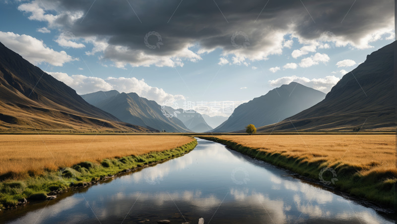 高清大图下载【趣麦麦图】开阔山谷间河流自然风光