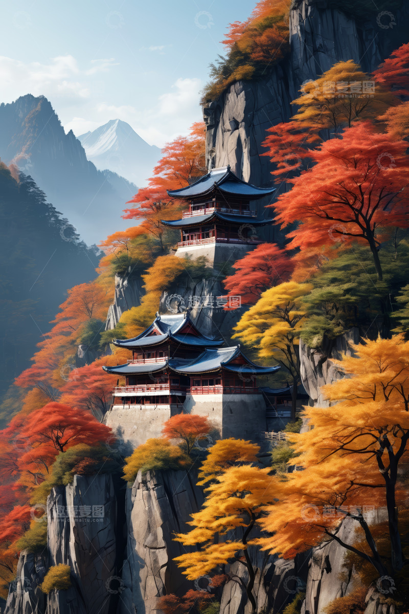 高清大图下载【趣麦麦图】山间秋景中式楼阁风光