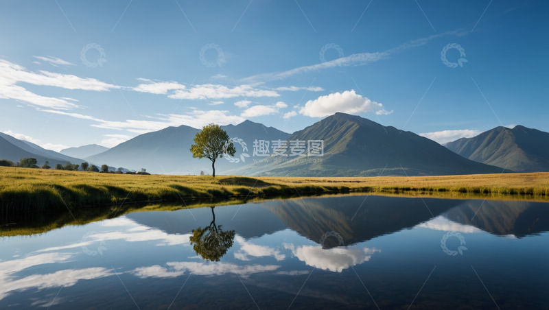 高清大图下载【趣麦麦图】湖畔孤树与远山自然风光