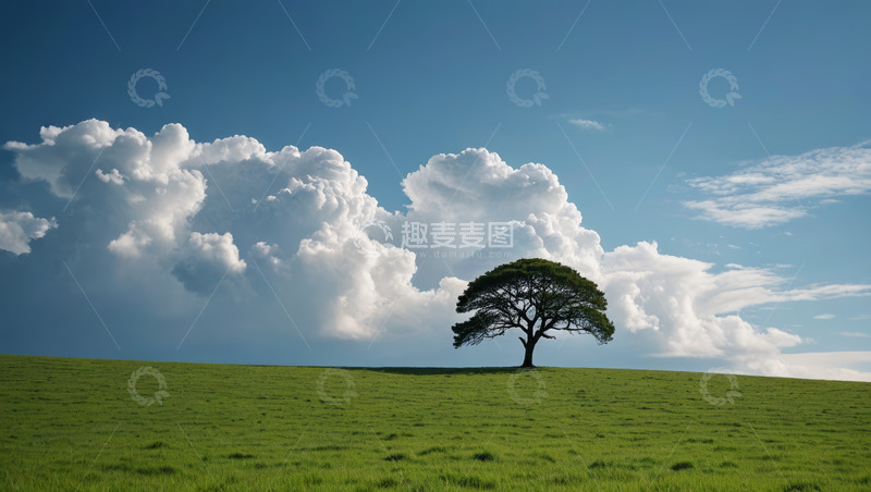 高清大图下载【趣麦麦图】草原上独立的树木与蓝天白云