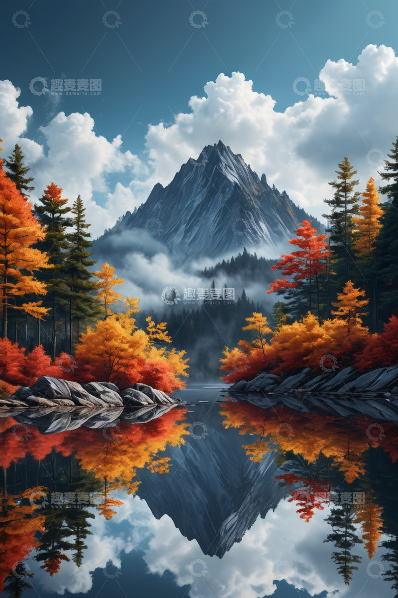 高清大图下载【趣麦麦图】秋季山林湖泊与远山风景