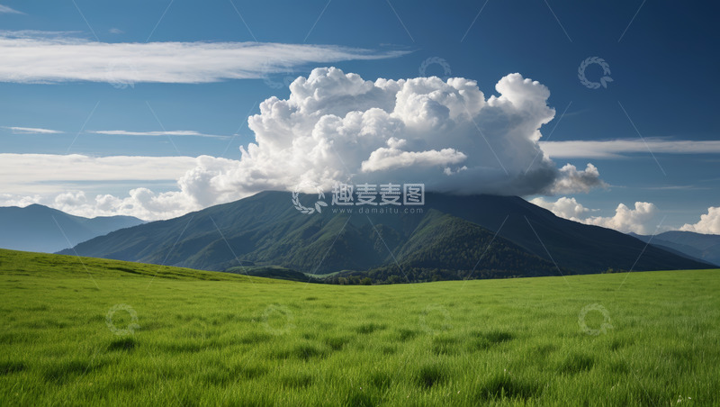 高清大图下载【趣麦麦图】草原青山与天空中的白云
