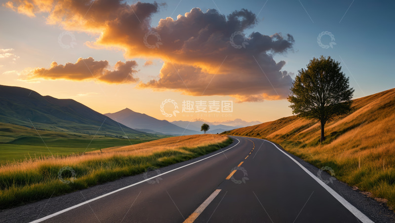 高清大图下载【趣麦麦图】黄昏下蜿蜒的公路自然风光