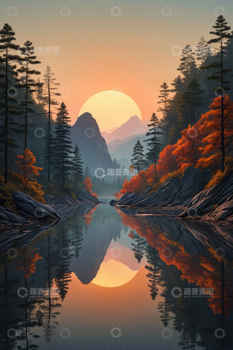 高清大图下载【趣麦麦图】山林湖畔日落自然风光