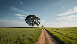 田野中土路旁的大树风景