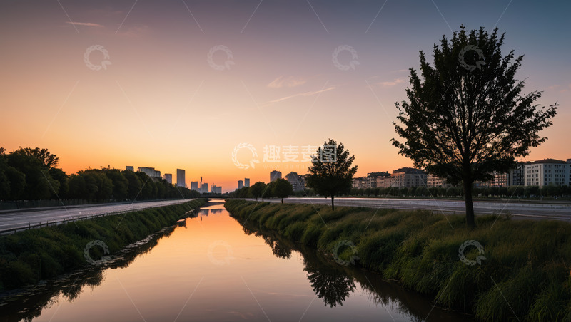 高清大图下载【趣麦麦图】城市河畔日出自然风光