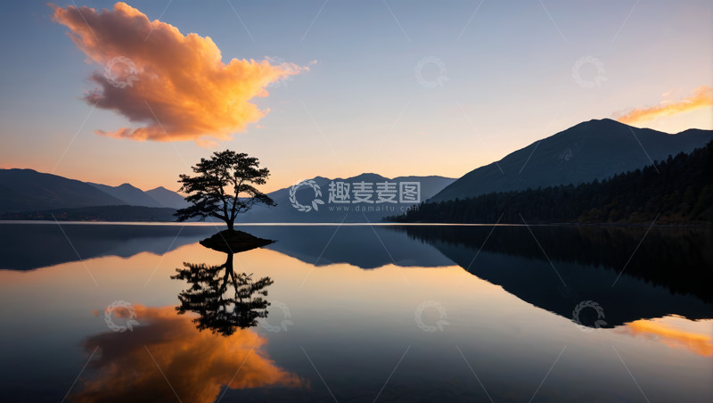 高清大图下载【趣麦麦图】湖畔孤树与山水晚霞景观