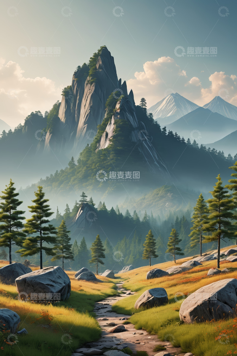 高清大图下载【趣麦麦图】山间草地与松树林自然风光