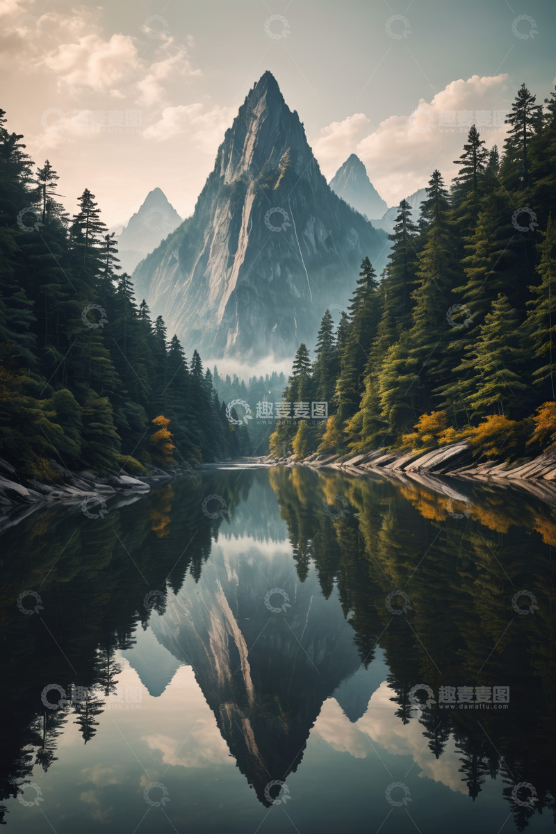 高清大图下载【趣麦麦图】山林间平静湖面与巍峨山峰