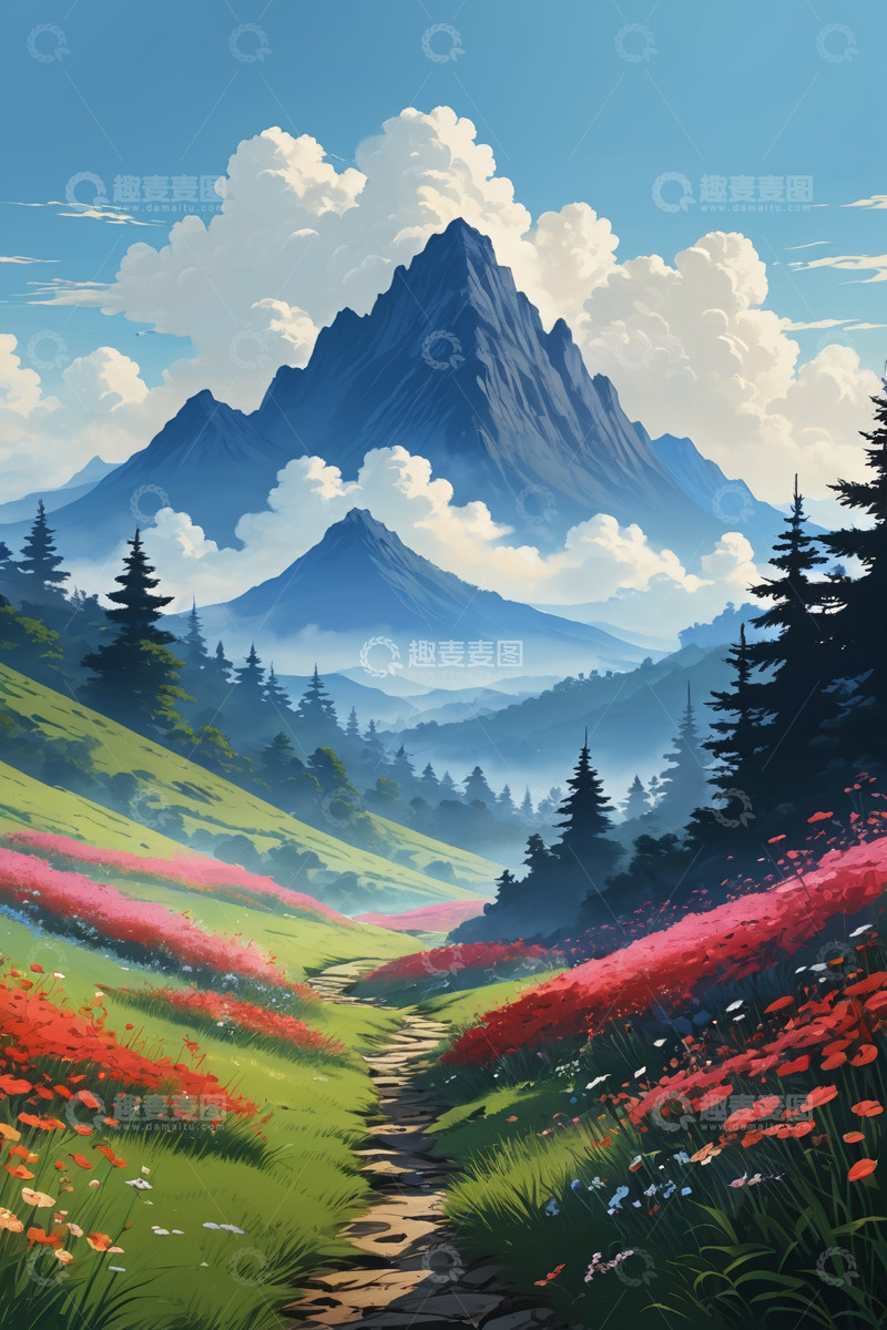 高清大图下载【趣麦麦图】山间花海风景，小径穿行