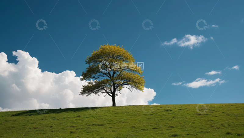 高清大图下载【趣麦麦图】草原上独立的树木与蓝天白云