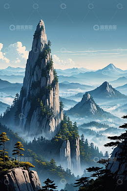 巍峨高山与云雾缭绕景观