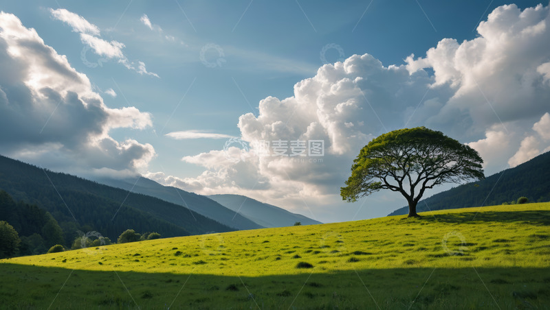 高清大图下载【趣麦麦图】草原孤树与远山风景