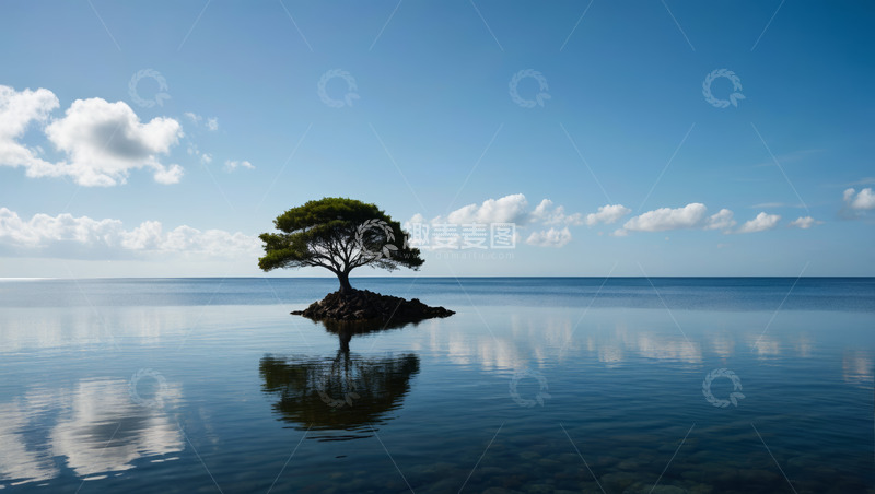 高清大图下载【趣麦麦图】孤树屹立于平静海面