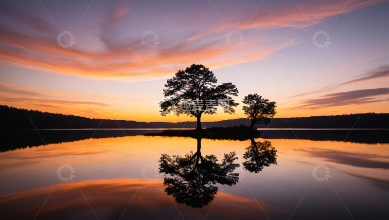 高清大图下载【趣麦麦图】湖畔日落时分双树倒影景象