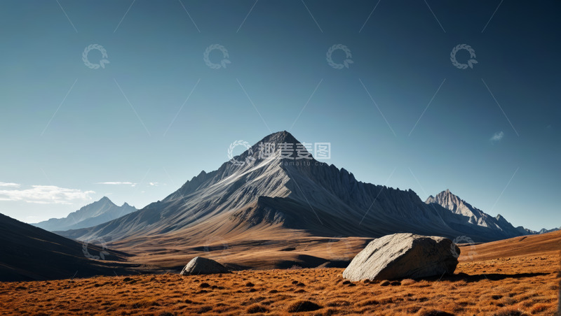 高清大图下载【趣麦麦图】旷野中的巍峨山脉与巨石