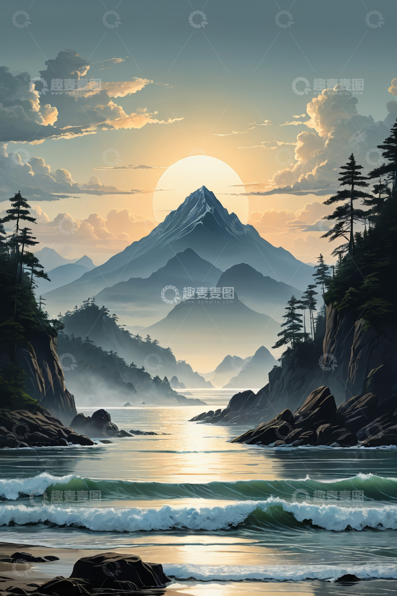 高清大图下载【趣麦麦图】海边日落山峰自然风光