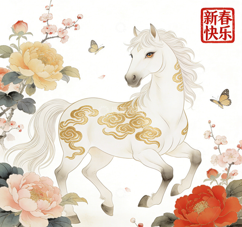 高清大图下载【趣麦麦图】新春白马牡丹蝴蝶图