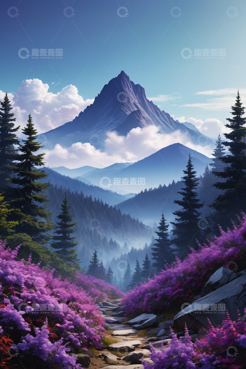 高清大图下载【趣麦麦图】山间小径旁盛开的紫色花丛与远山