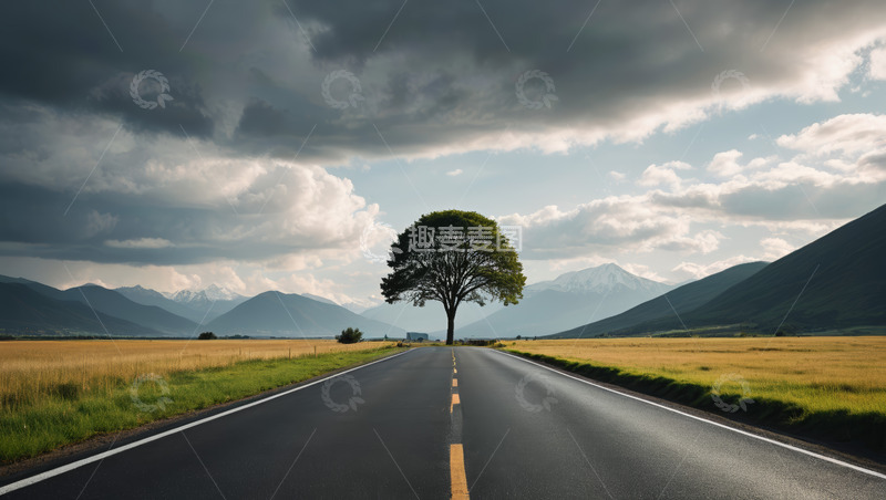 高清大图下载【趣麦麦图】旷野公路旁的独树与远山景观