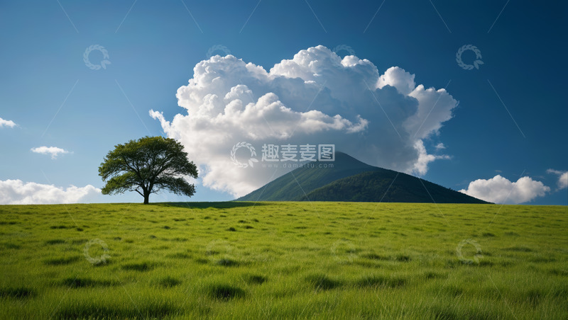 高清大图下载【趣麦麦图】草原上孤独的树与远山白云